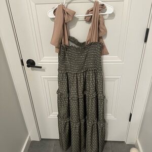 Entro Olive and Beige Smocked Dress